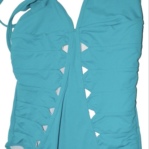 SEVENTH WONDERLAND SIZE 6 S SMALL BLUE TURQUOISE CUT OUTS 1 PC HALTER SWIMSUIT - Picture 6 of 6